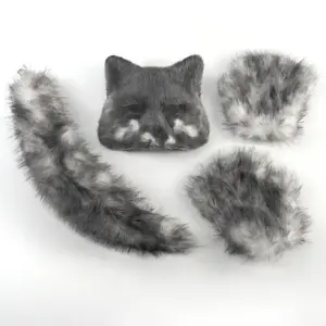 Fluffy Fur Fox Tail Keychain Cat Paws Gloves and Wolf Therian Mask Set for Halloween Cosplay Costume Accessories