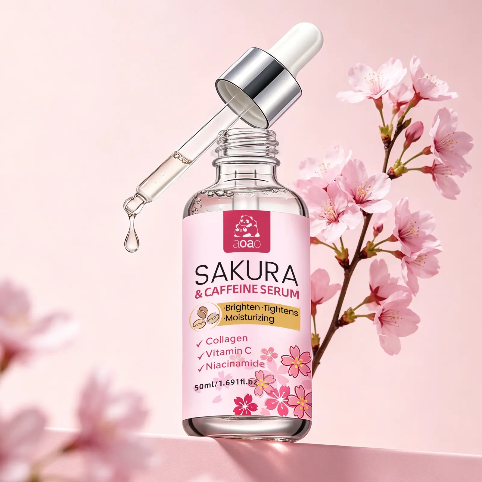 50ML Cherry Blossom Essence Serum with Niacinamide and Hyaluronic Acid, Moisturizing and Brightening Face Care, Day and Night Use