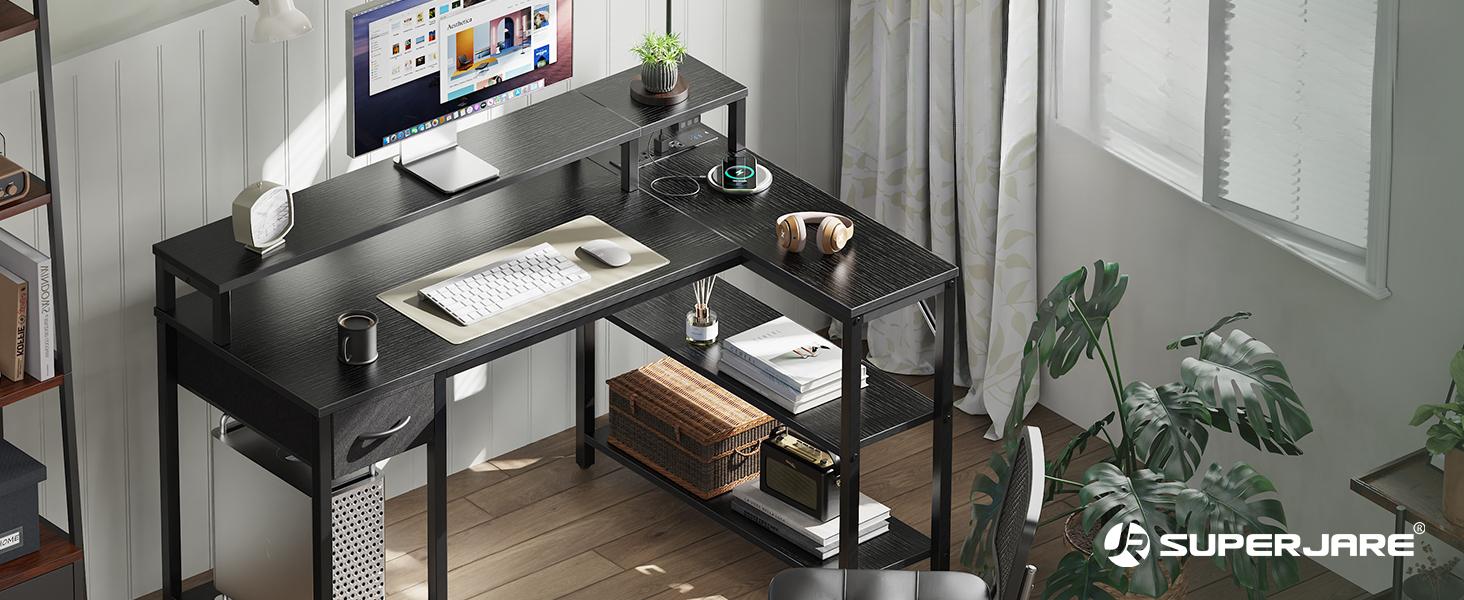 47 inch L Shaped Gaming Desk with LED Lights & Power Outlets, Reversible Computer Desk with Shelves & Monitor Stand, Corner Desk with Drawer, for Home & Office, Black