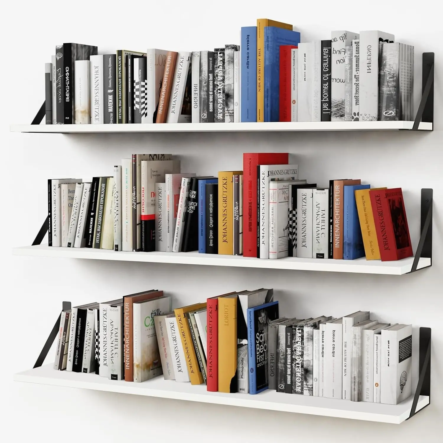 White Floating Book Shelves for Wall, 36 Inches Long Wall Shelves with Metal Brackets for Bedroom, Large Floating Bookshelf Bookshelves for Living Room Office Classroom (White Wood)