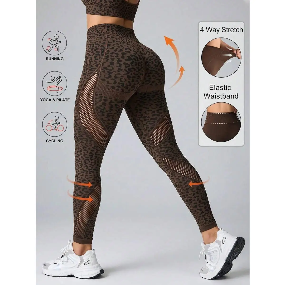Women's High-Waist Seamless Leopard Print Yoga Leggings - Polyamide Blend, Stretch Skin-Friendly, Tummy Control Mesh Panels, V-Back, Flared Bootcut, Pockets, Cropped Length Workout Pants, Brown, Machine Washable, Yoga Studio