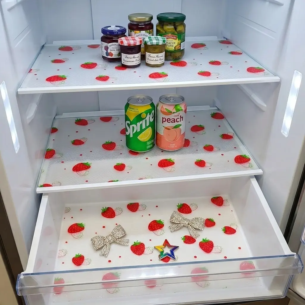 4pcs/8pcs Fridge Liners, Moisture-Proof & Non-Slip, Washable & Reusable, Versatile Use, Eva Material, Strawberry Pattern, Kitchen Decor, Drawer Pads, Cabinet Mats