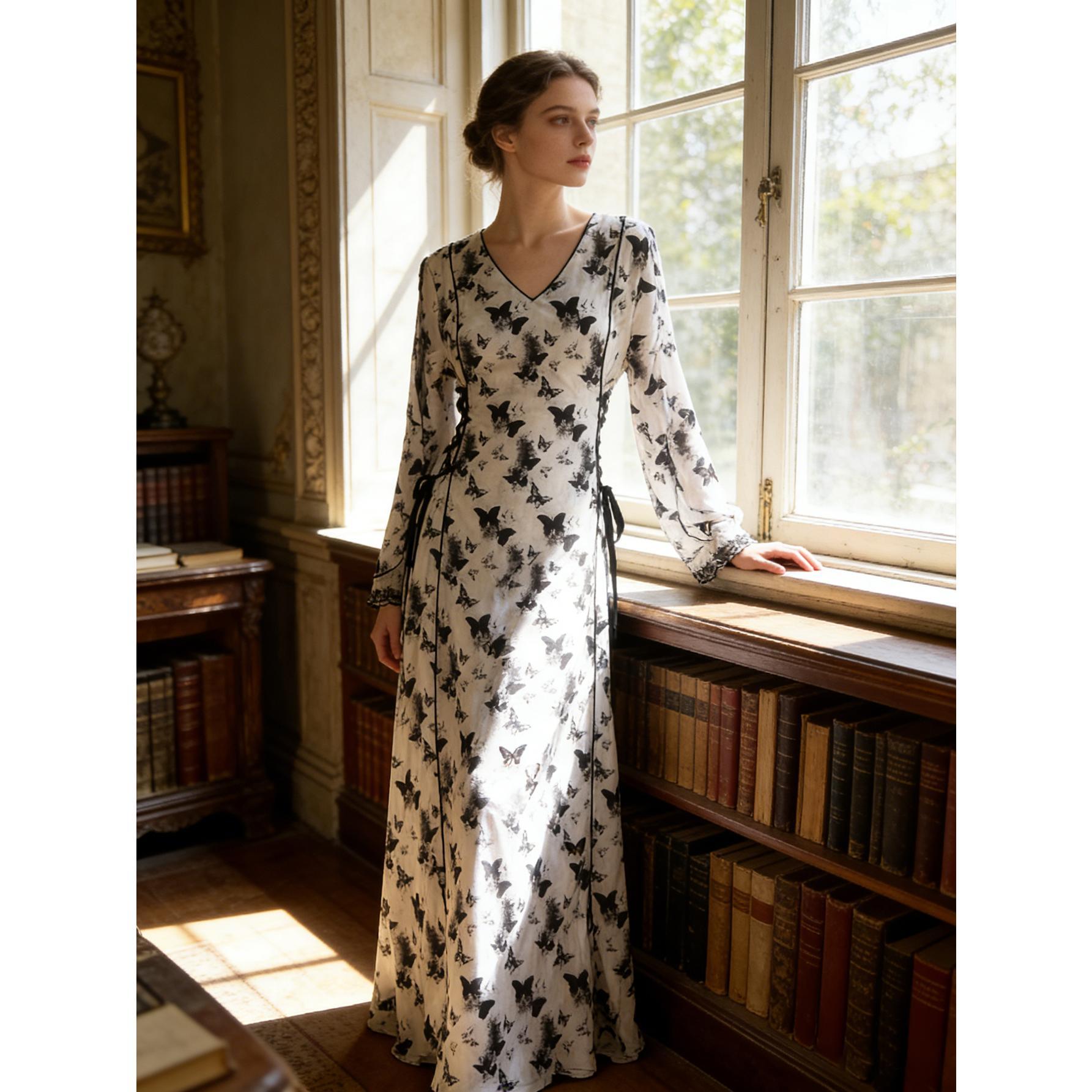 Ethereal Butterfly Print Maxi Dress Elegant V-Neck Long Sleeve Gown | Lace Trim Cuffs | S-XL | Perfect for Garden Parties, Fairy-core Photo Shoots & Romantic Dates