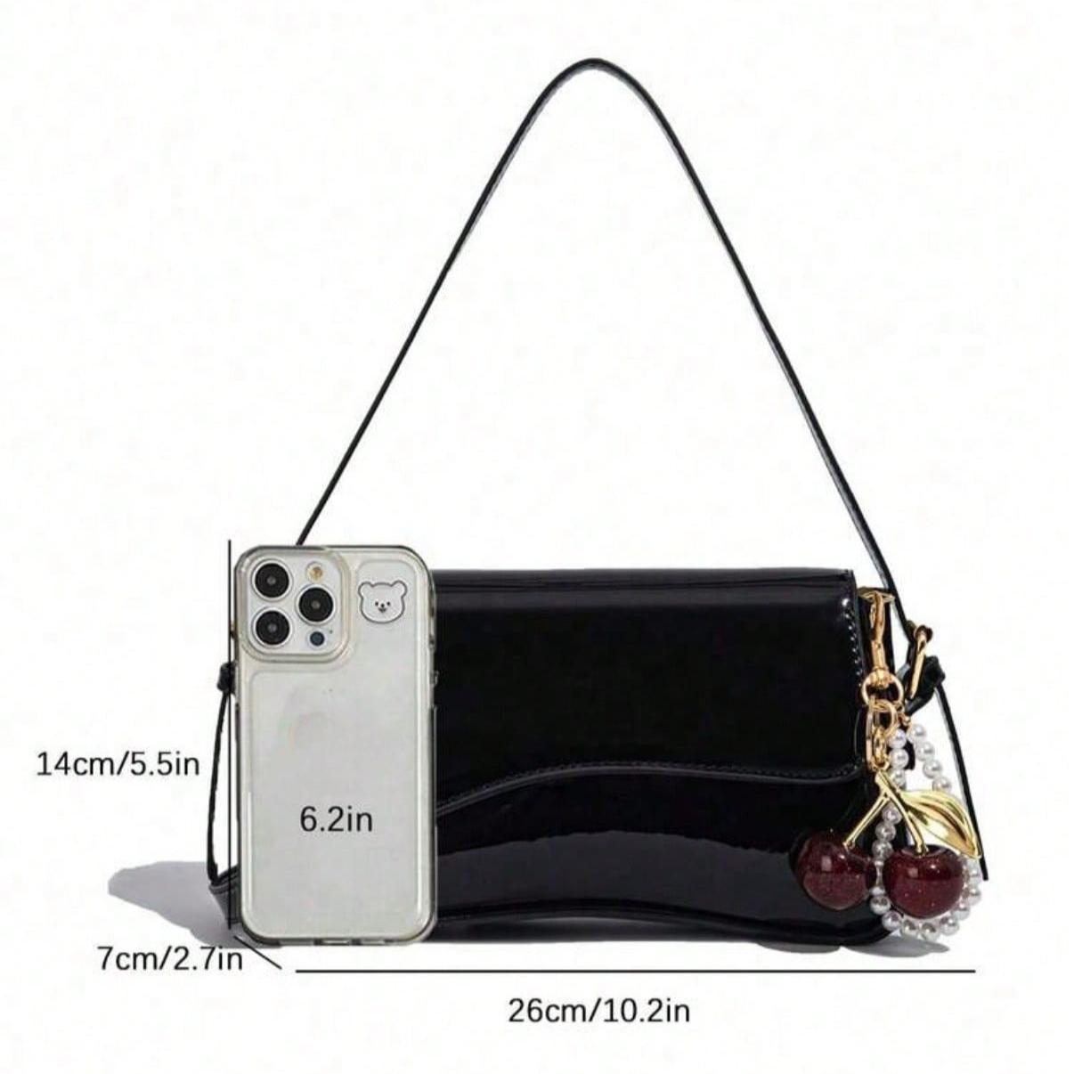 Glossy Black Shoulder Bag with Cherry Charm, Everyday Bag,Versatile Minimalist Handbag Umarm Bag Wallet Purse for Women Ideal for Work, School, Parties, Shopping, and Daily Outings,Bag Charms