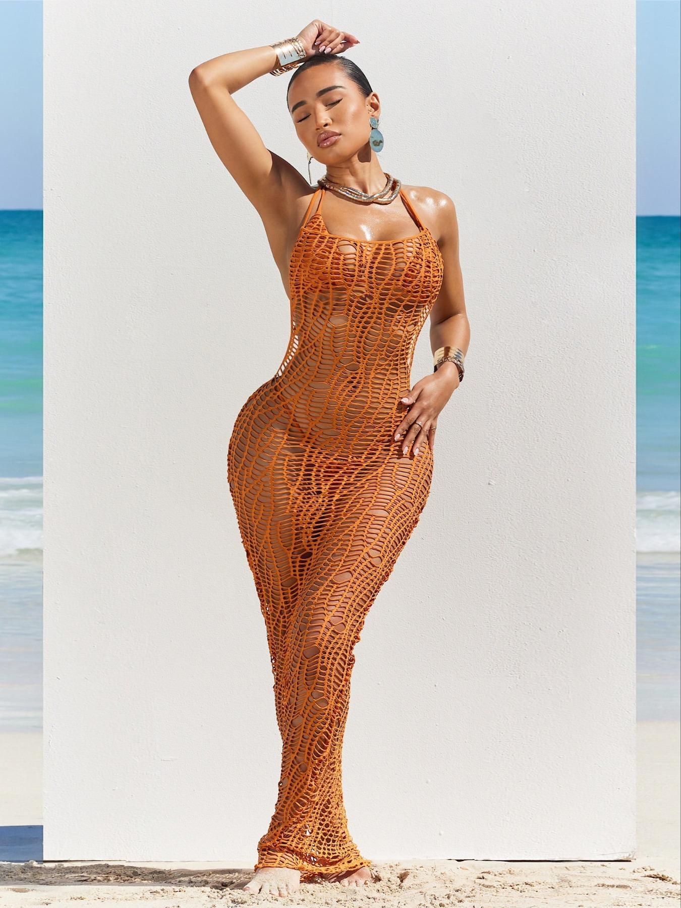 Three-piece Set Women's Solid Color Crochet Bathing Suit Set, Casual Hollow Out Sleeveless Cover Up Dress & Bikini Set, Ladies Summer Swimwear Coverups Swimsuit for Beach Holiday Vacation