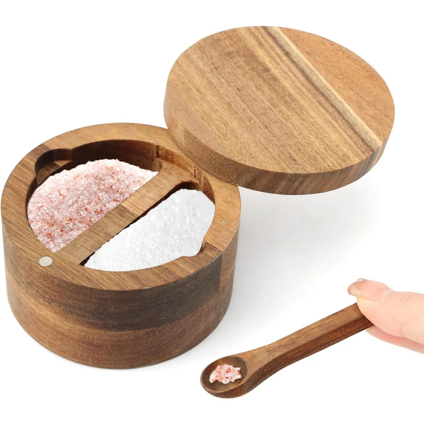 Saycker Wood Salt and Pepper Bowl, with Swivel Lid and Spoon Round Salt Container Spices Storage Box(4.06inchs)