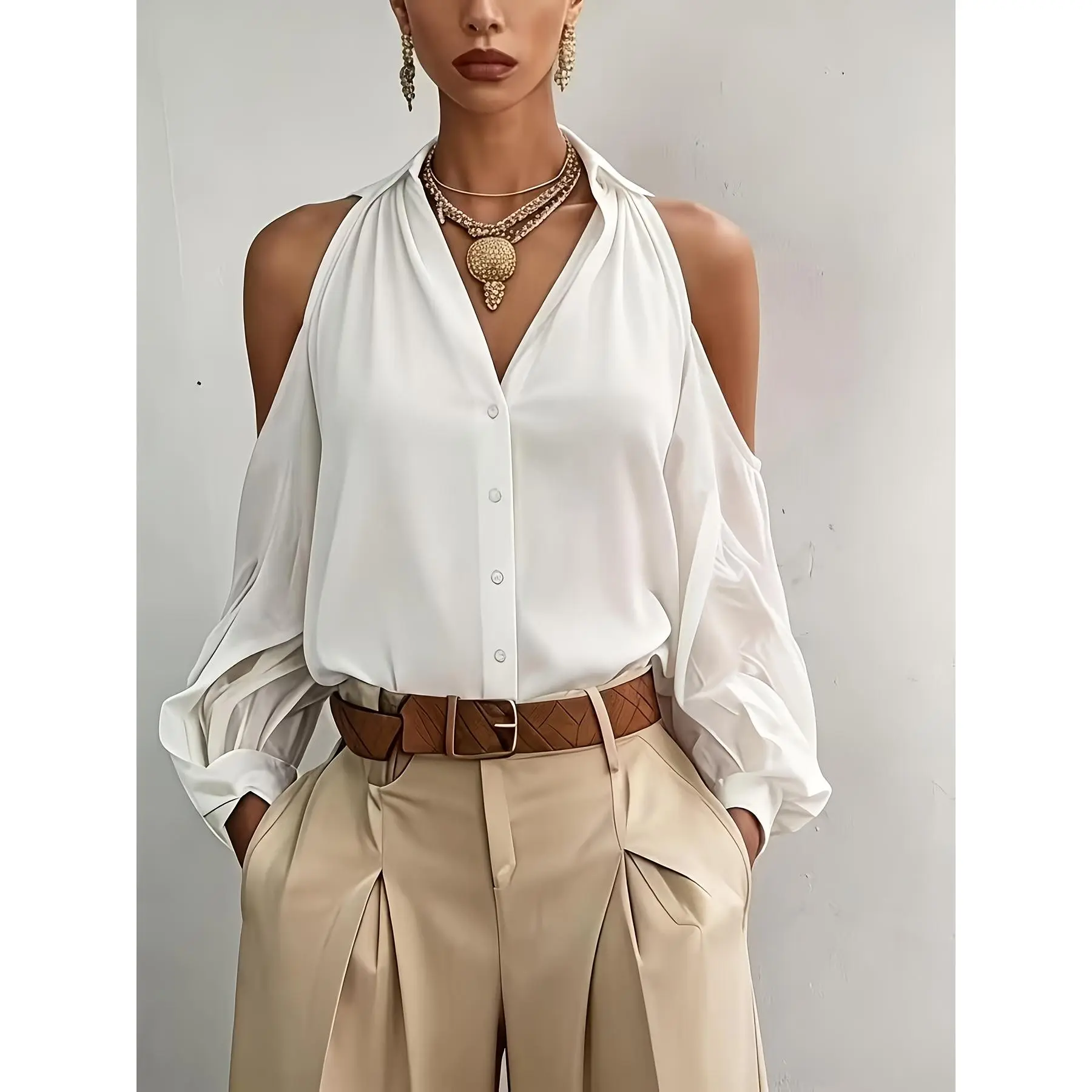 [Women's Off-Shoulder Blouse] QD260115185 Women's Elegant Summer Off-Shoulder Solid Color Blouse - Commuting and Dating Lapel Long Sleeve Shirt