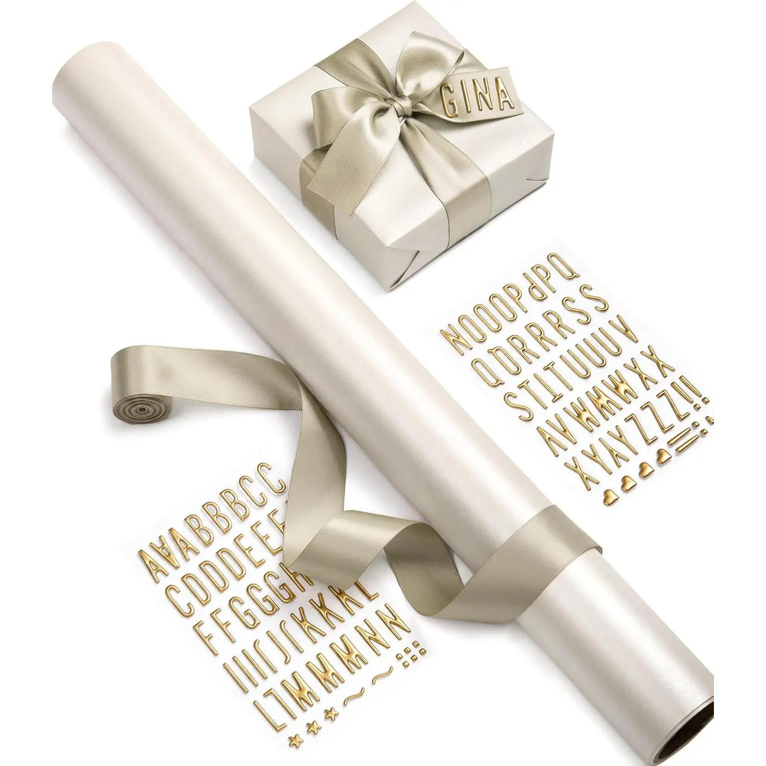 White Pearly-Lustre Wrapping Paper Set 17" Ribbons & Stickers | -In- Kit Personalized Luxury Paper Roll Birthday  Wrap Bridal  Shower Wedding Girls Boys Christmas Holiday 197"