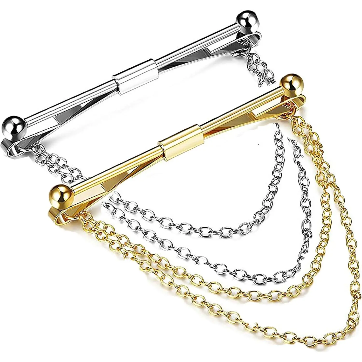 Men's Formal 2-Piece Cufflinks Tie Clip Set - Classical Metal Bar, Tack Pin with Hanging Chain, Polished Styling Accessory for Shirt Grooming, Wedding Events (Pin Included)