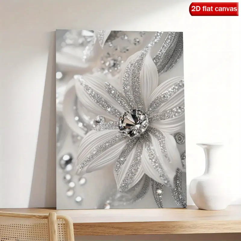 1 elegant white and silver floral canvas wall painting, inlaid with sparkling diamonds - modern wooden frame, suitable for birthday parties, Mother's Day, New Year, Easter - ideal for decorating the living room, office, or bathroom, office wall art | Eleg