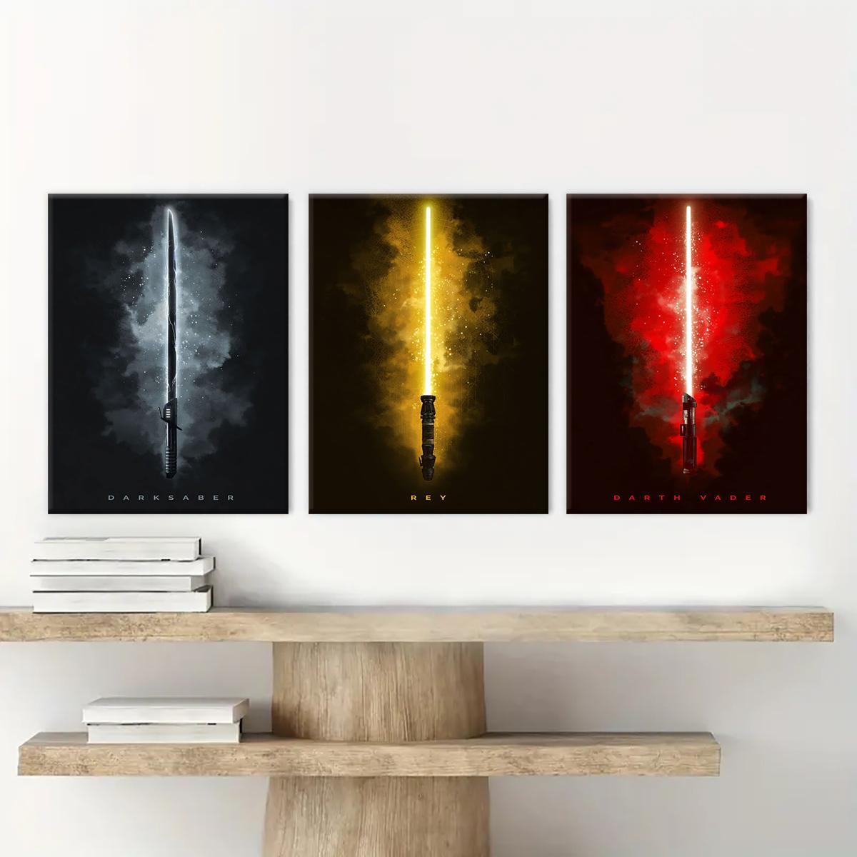 Wooden Framed Canvas Painting, 3 Counts/set Lightsaber Pattern Artistic Wall Art Poster, Home Decor Poster for Living Room Bedroom Office