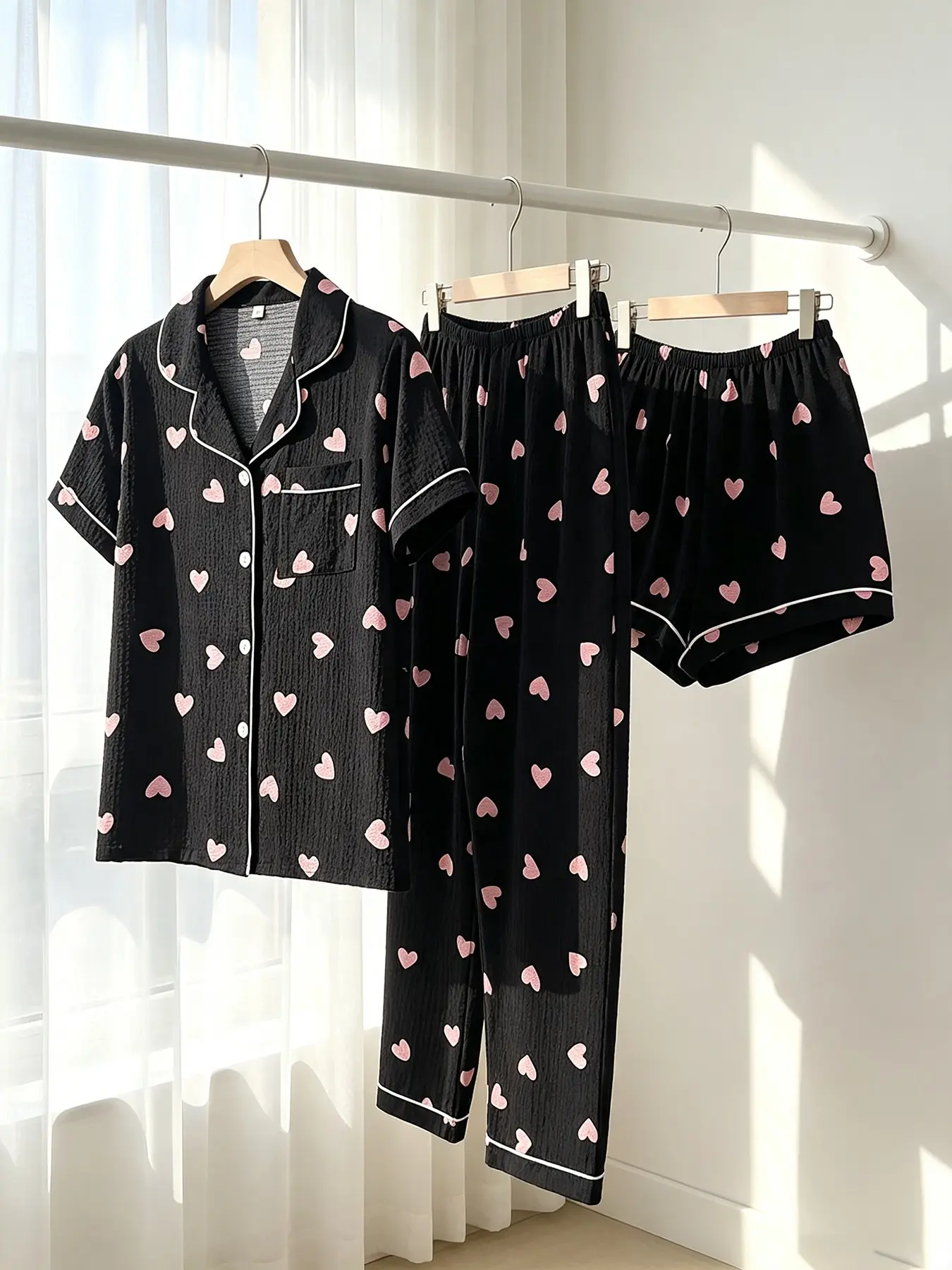 Women's 3-Piece Button-Down Pajama Set, Cute Pink Heart Print on Black, All Season Wear, Loose Comfortable, Versatile Loungewear Set for Relaxing & Working, Matching Pajamas Set
