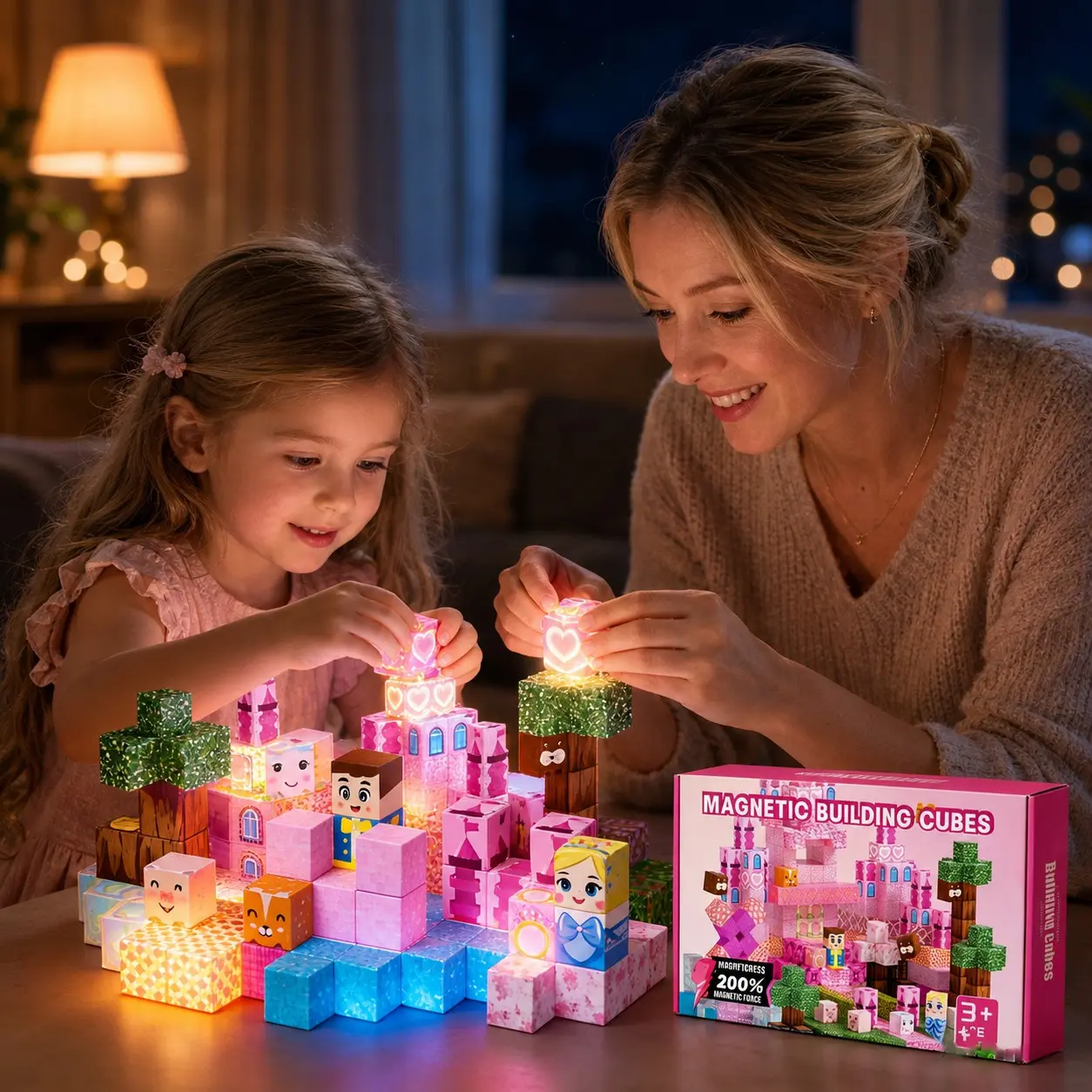 100pcs/150pcs/200pcs Light Up Magnetic Cube Building Blocks, Stackable Cubes, Princess Castle Set, 2cm Stem Toys for Kids, Birthday Gift, DIY Building Set