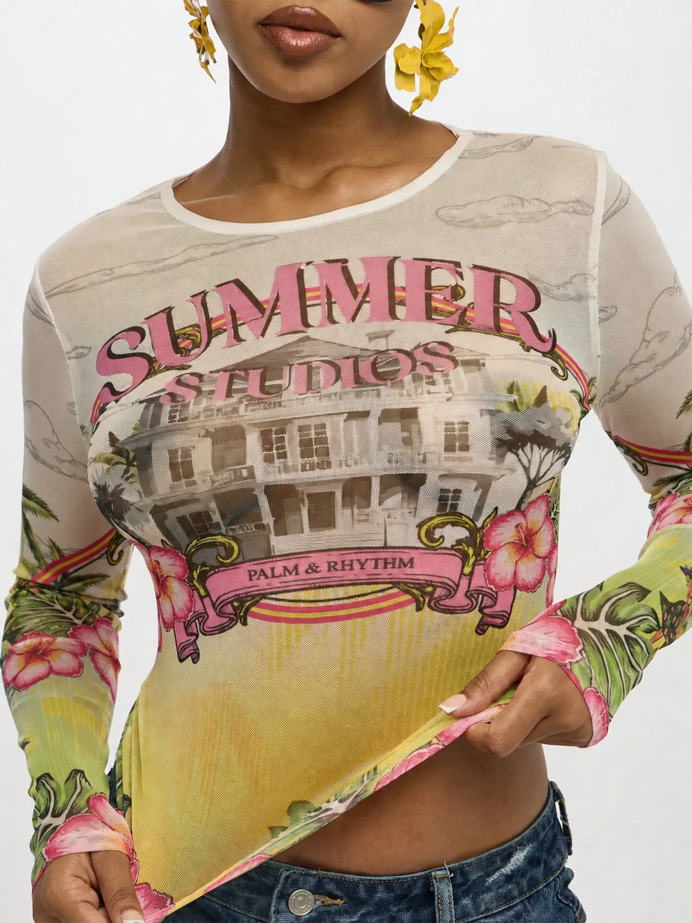 Retro tropical mesh see-through long-sleeve top, Y2K summer vintage villa hibiscus palm print fitted sheer T-shirt, elastic breathable beach layering top, Trend #StreetwearWomen #Y2KFashion #SheerMeshTee