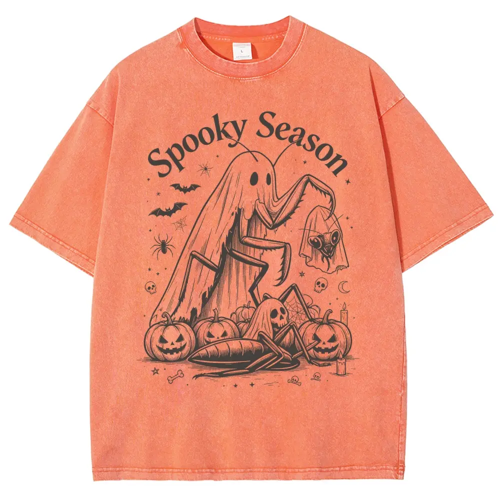 Halloween Gothic Streetwear Aesthetic, Spooky Season Ghost Mantis Pumpkin Unisex Graphic Washed T-Shirt Personalized Pattern Y2k Clothing Round Neck Washed T-Shirt,Women's Clothing 100% Cotton, Menswear, Top, Vintage Style,Summer Casual Oversized