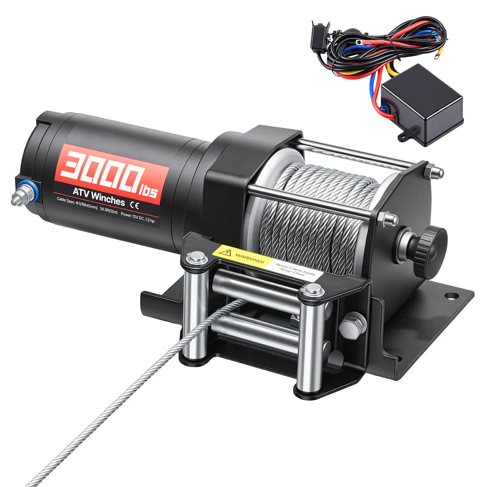 3000 lbs Electric Winch with Tow Assist, IP55-Rated Housing Protection, 1.3 HP Motor, Aluminum Housing Fairlead Mount Plate for ATV Towing