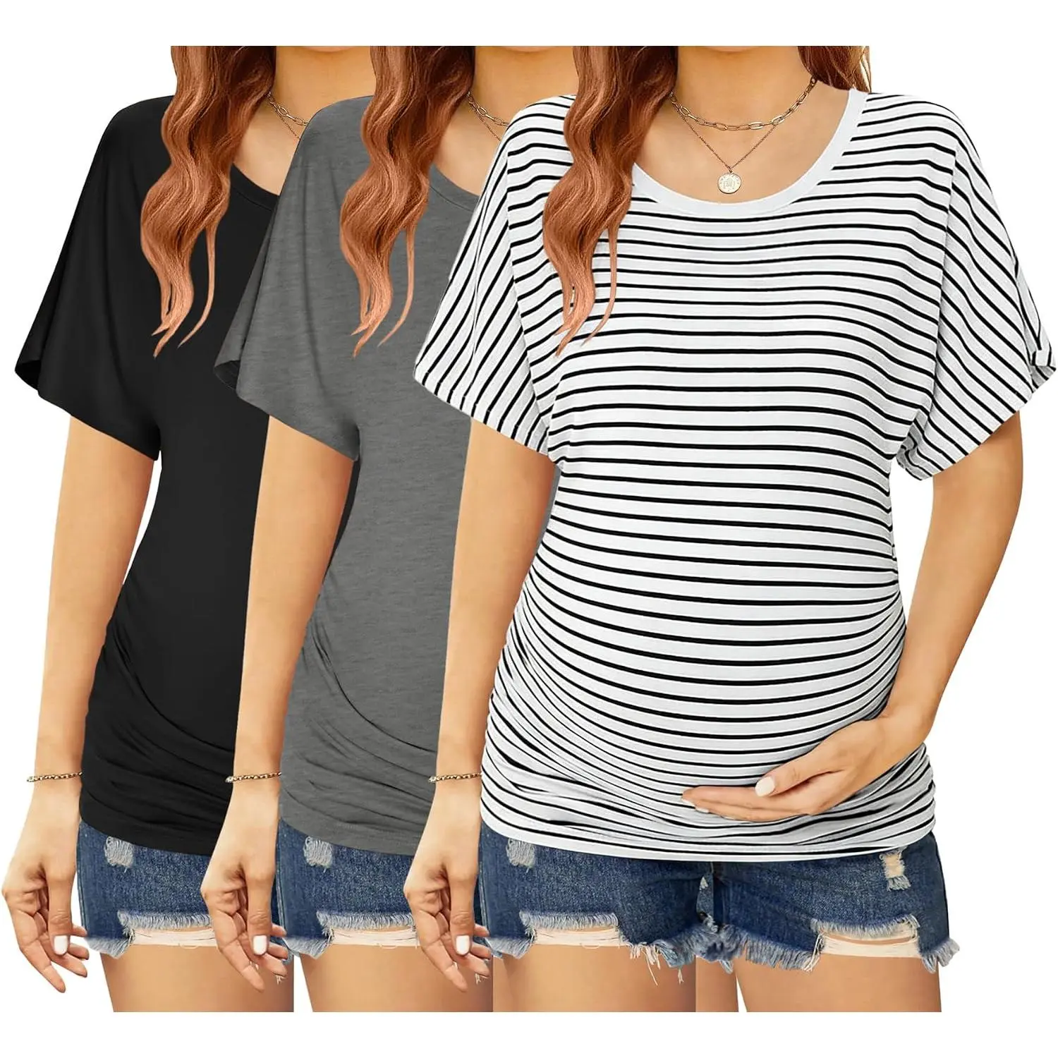Maternity Shirts 3 Packs Dolman Sleeve Side Ruched Tops Clothes Maternity Shirts 3 Packs Dolman Sleeve Side Ruched Tops Clothes