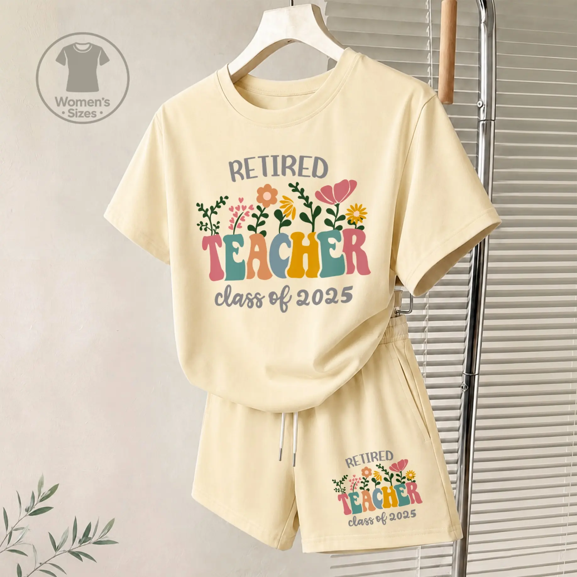 Women’s Retired Teacher Class of 2025 Floral Graphic T-Shirt & Drawstring Shorts Set, Casual Summer Two-Piece Outfit, Retirement Gift, Lounge, Travel & Everyday Wear