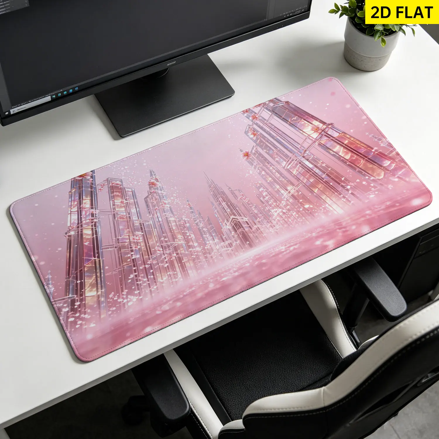 Extra Large Pink Crystal Cityscape Mouse Pad with Rubber Base, Multi-Size, Lock Edge, Washable, Precision Move Support, Mouse Support for Office Home, Desktop Protection & Decoration Gift for Family