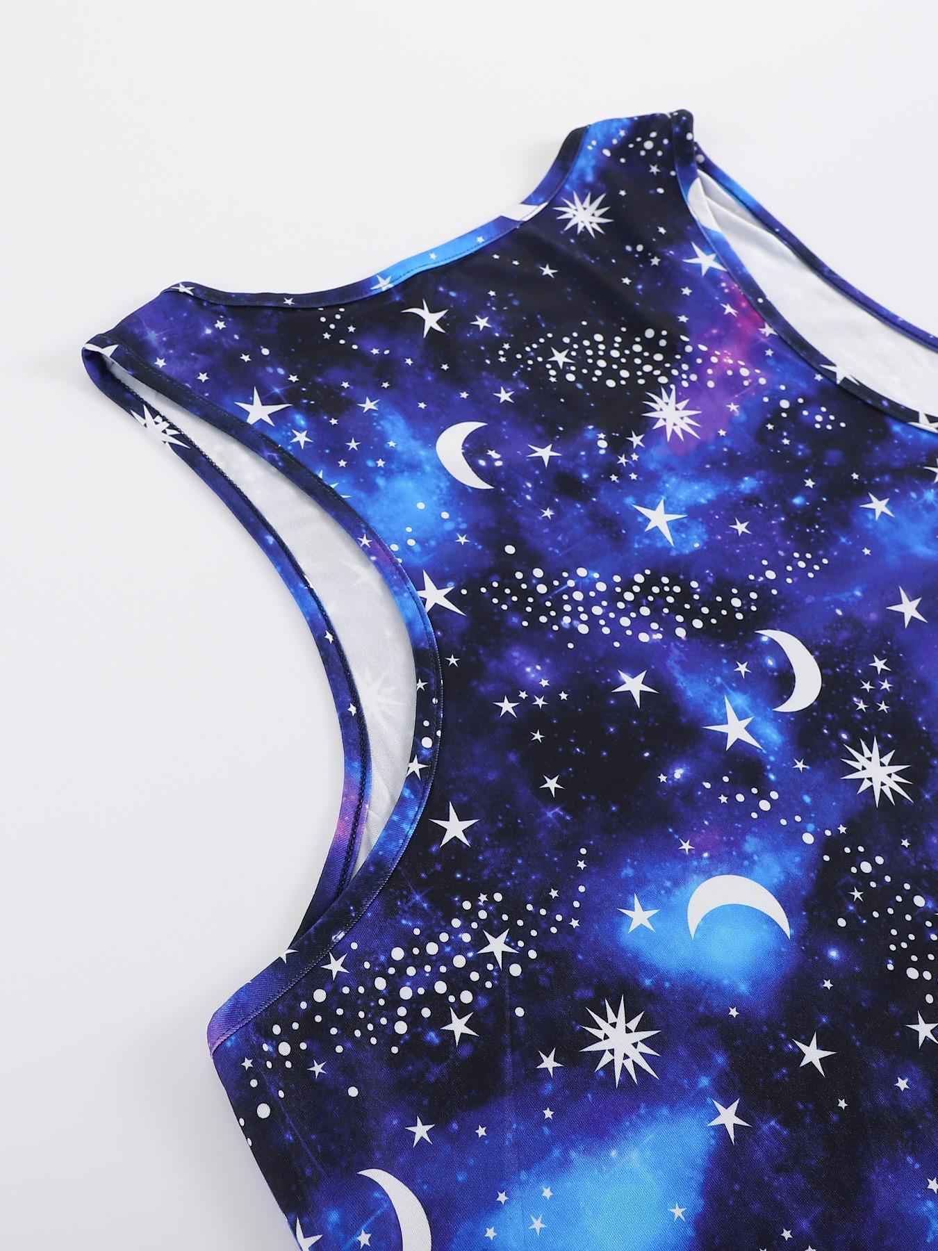 [Plus Size] Galaxy Print Scoop Neck Tank Nightdress, Casual Comfy Sleeveless Fitted Sleep Dress, Summer Nightwear, Women's Sleepwear & Loungewear for All Seasons, Clothing, Summer Wear 2024