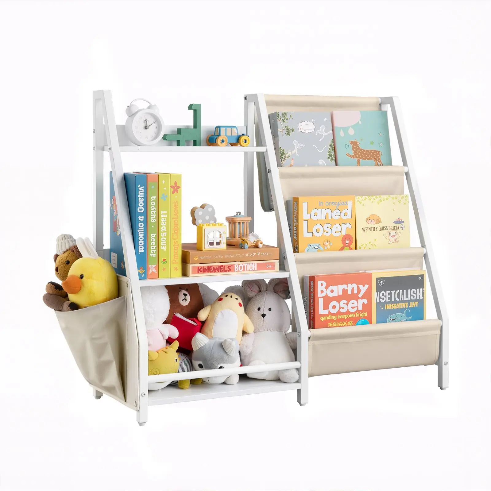 VEVOR 3-Tier Kids Bookshelf, Toy Storage Organizer for Toddler, Book Shelf for Kids Rooms with Sling Book Rack and Storage Bag, Kids Storage Book Shelves for Kids Room, Playroom, Kindergarten, Nurser