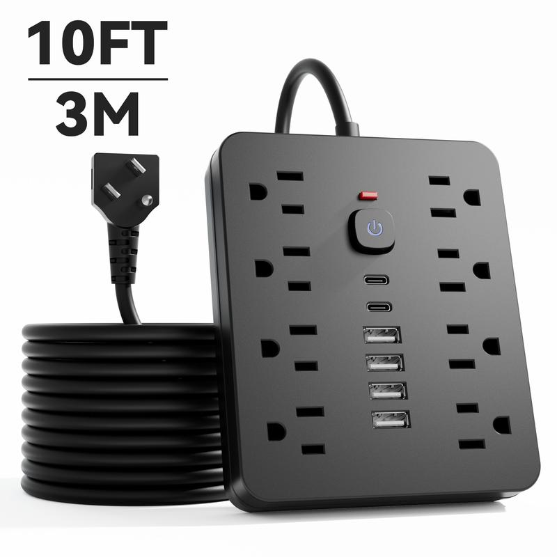 14-in-1 surge-protected power strip with 8 AC ports, 4 USB ports & 2 Type-C ports. Wall-mountable US plug power extension with overload protection and independent controls—essential for home/office safety. Available in 5ft or 10ft cords.