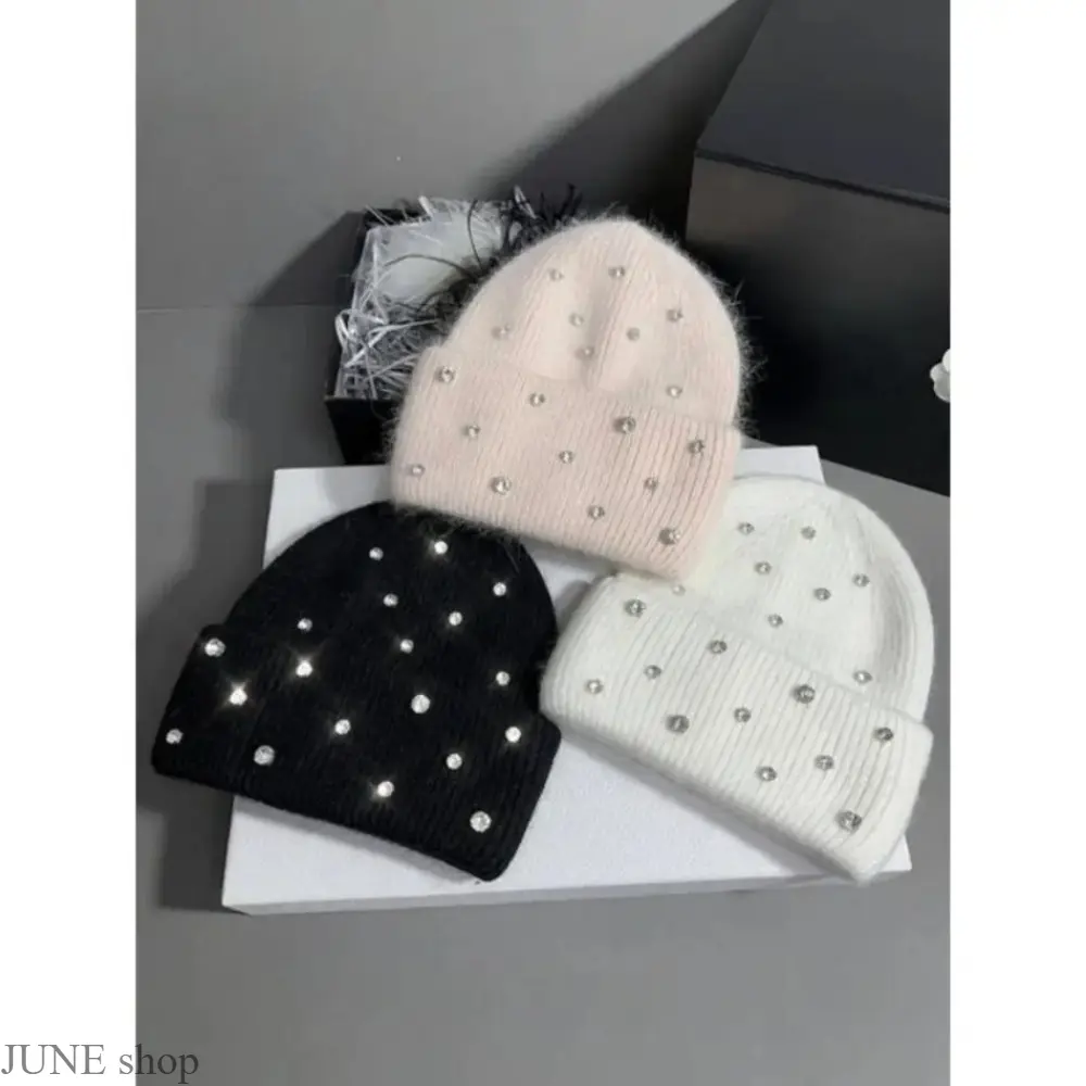 Synthetic Faux Fur Knit Beanie with Water Diamond Sparkle Dots - Cozy, Warm Fashion Beanie for Unisex Street Casual Winter, 1 Size Fitted with Distinctive Touch