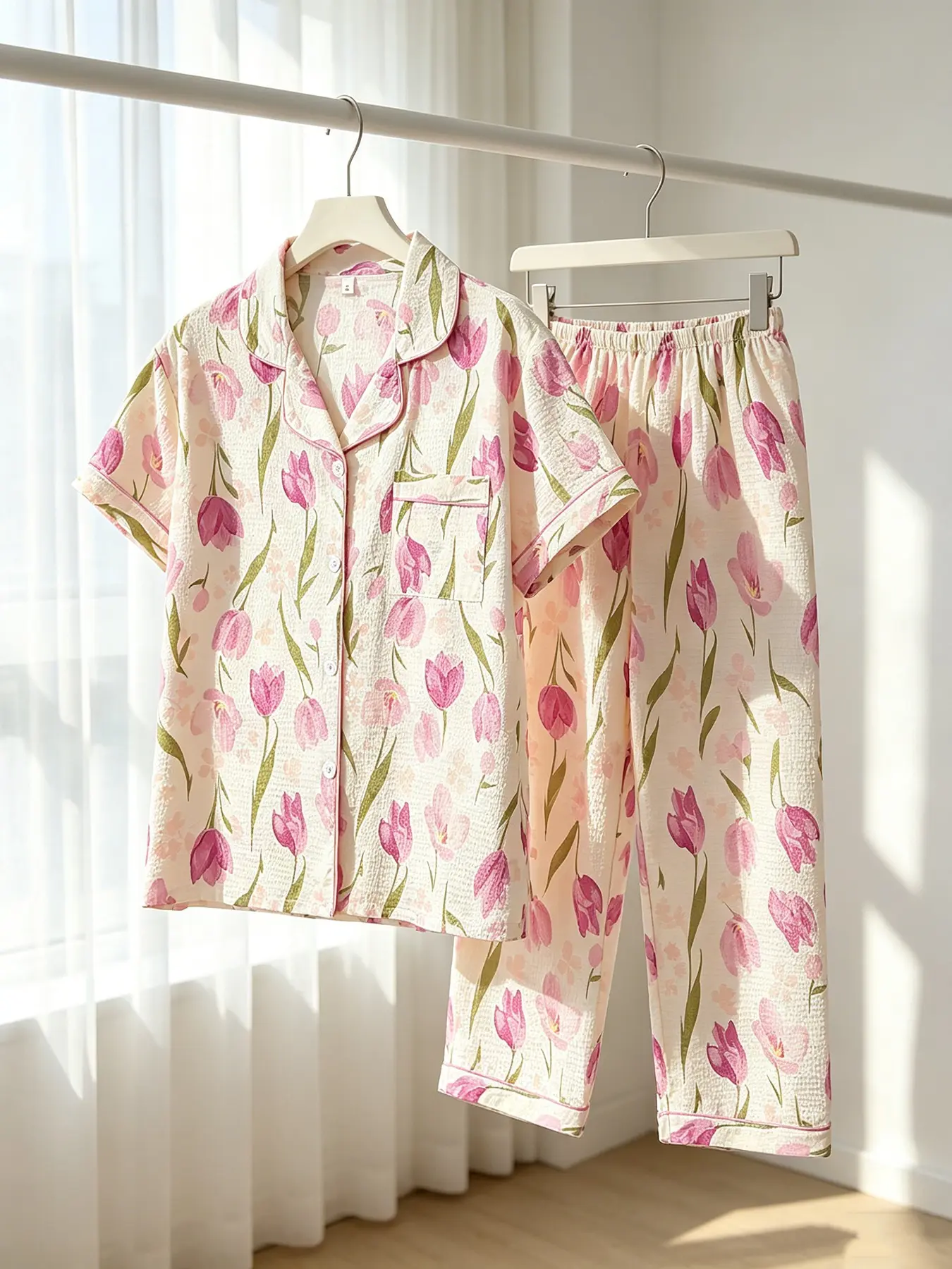 Women's Button-Down Short Sleeve Top & Long Pants Pajama Set, All Over Tulip Floral Print, White Base, Pink Piping, Front Pocket, All Season Wear, Comfortable Cozy Romantic Aesthetic Loungewear, Casual Pajamas Set