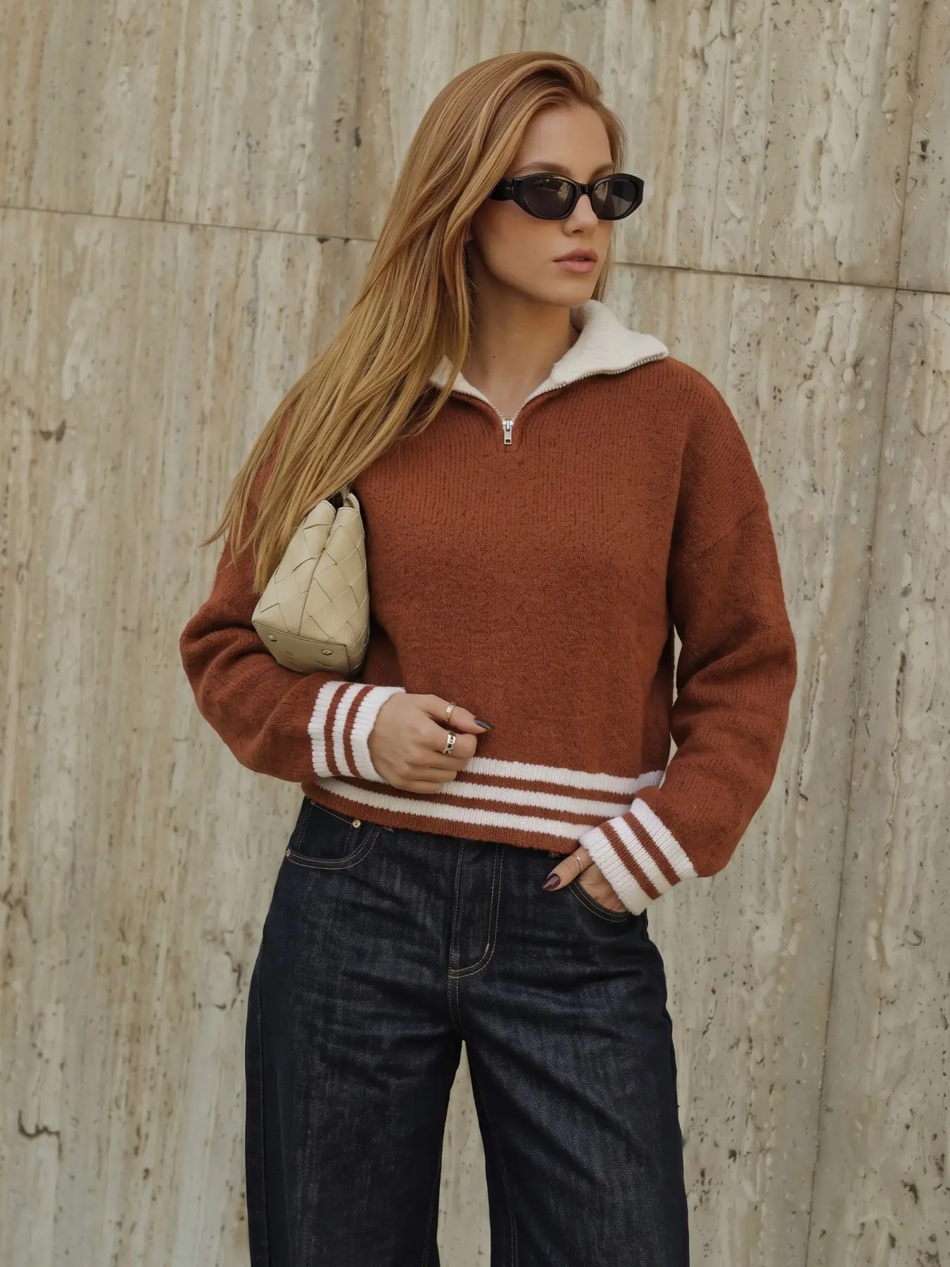 Women's Solid Color Casual Zipper Knit Long Sleeve Pullover Sweater, Fall Winter Lazy Style, Comfortable and Stylish
