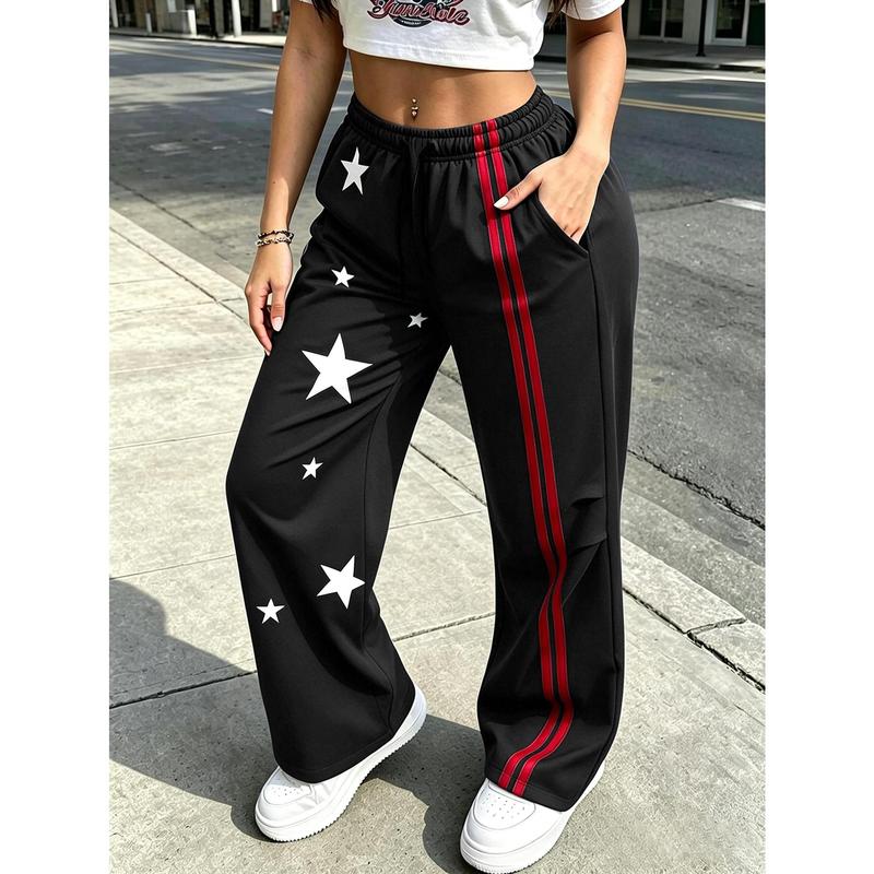 Women's New Versatile Pants with Star Side Red Stripes, Wide Leg Sports Pants with Elastic Waist and Drawstring, Loose and Casual American Street Pants