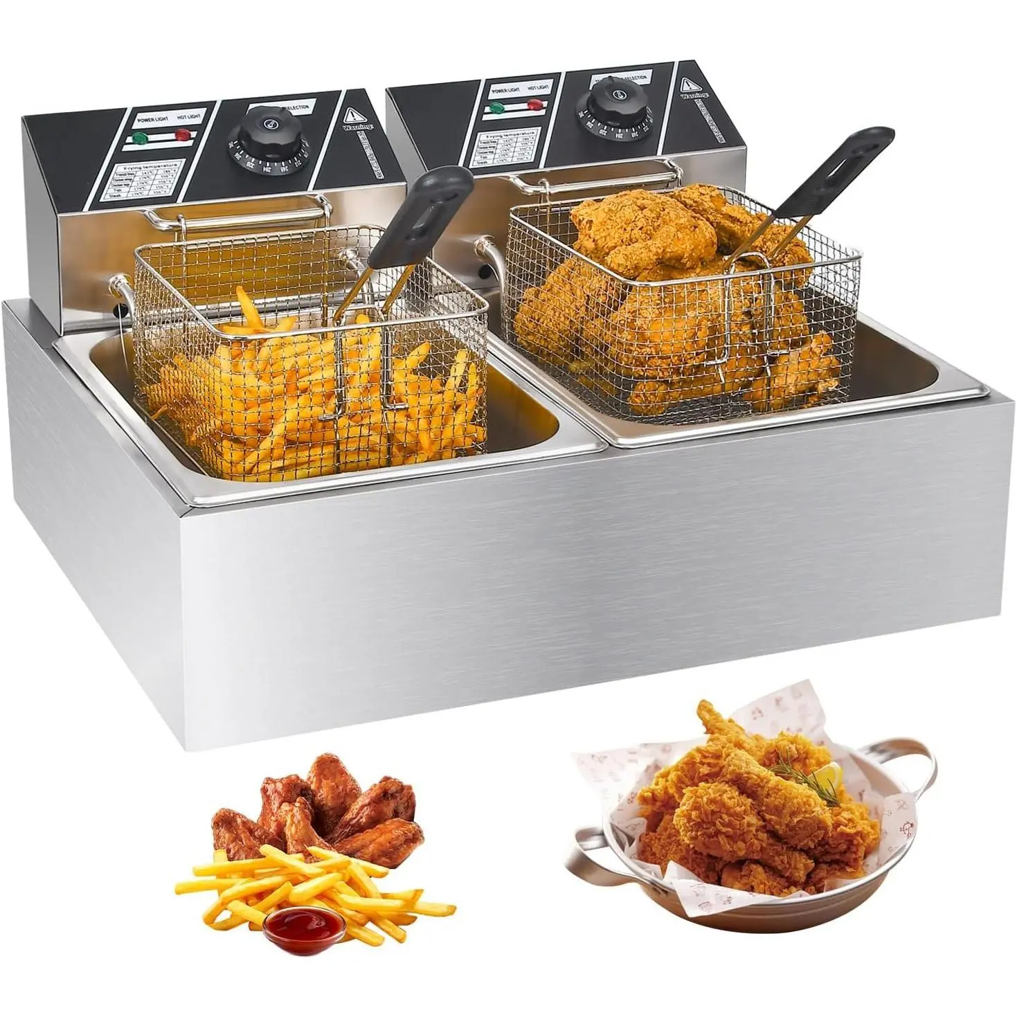 Commercial Deep Fryer with Baskets, 3400W 12.7QT/12L Thickened Stainless Steel Countertop Electric Oil Fryer, Large Capacity with Temperature Control,