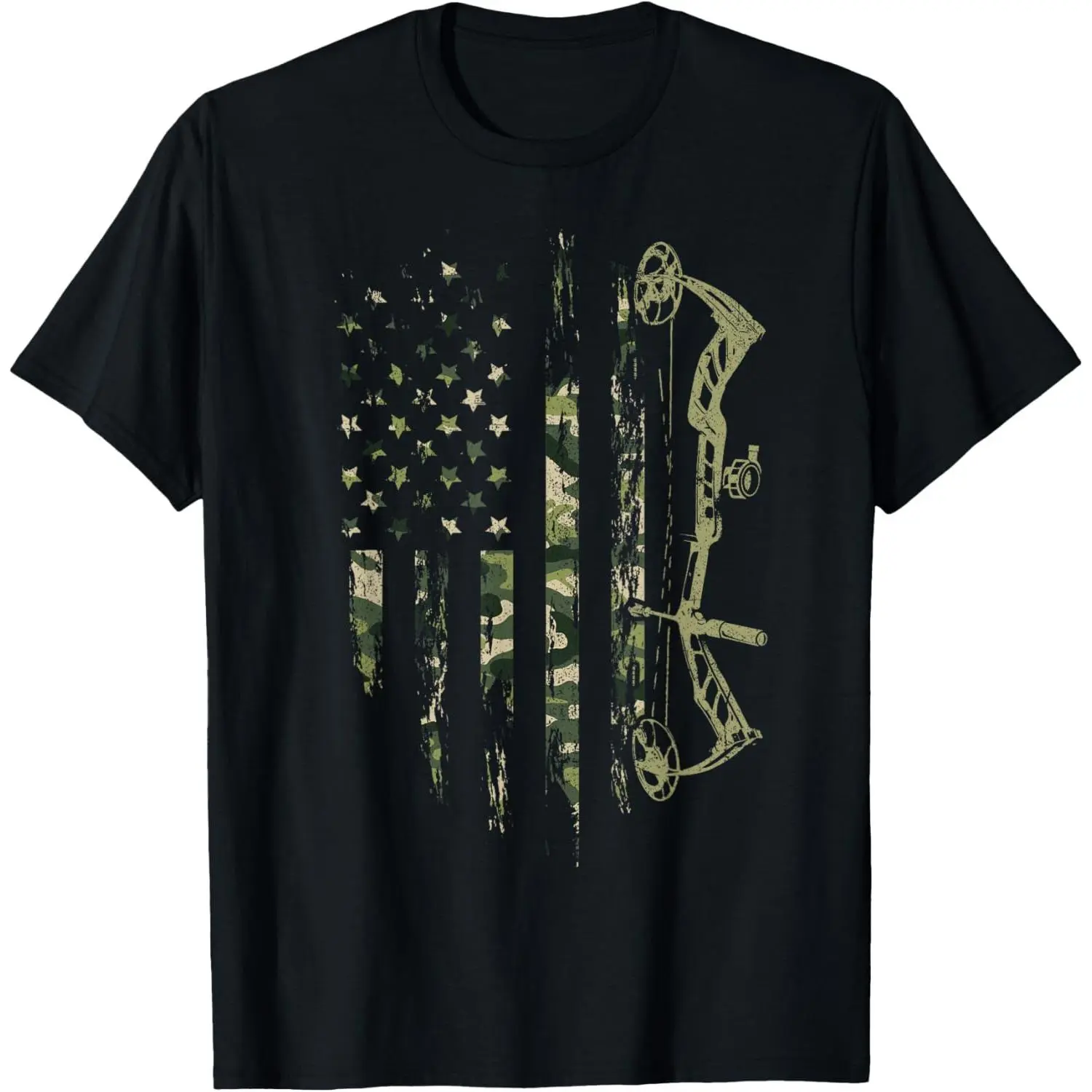 Camo American Flag Bowhunting Deer Graphic T-Shirt, Patriotic Archery Hunting Print Short Sleeve Cotton Tee, Bow Hunter Outdoor Casual Shirt
