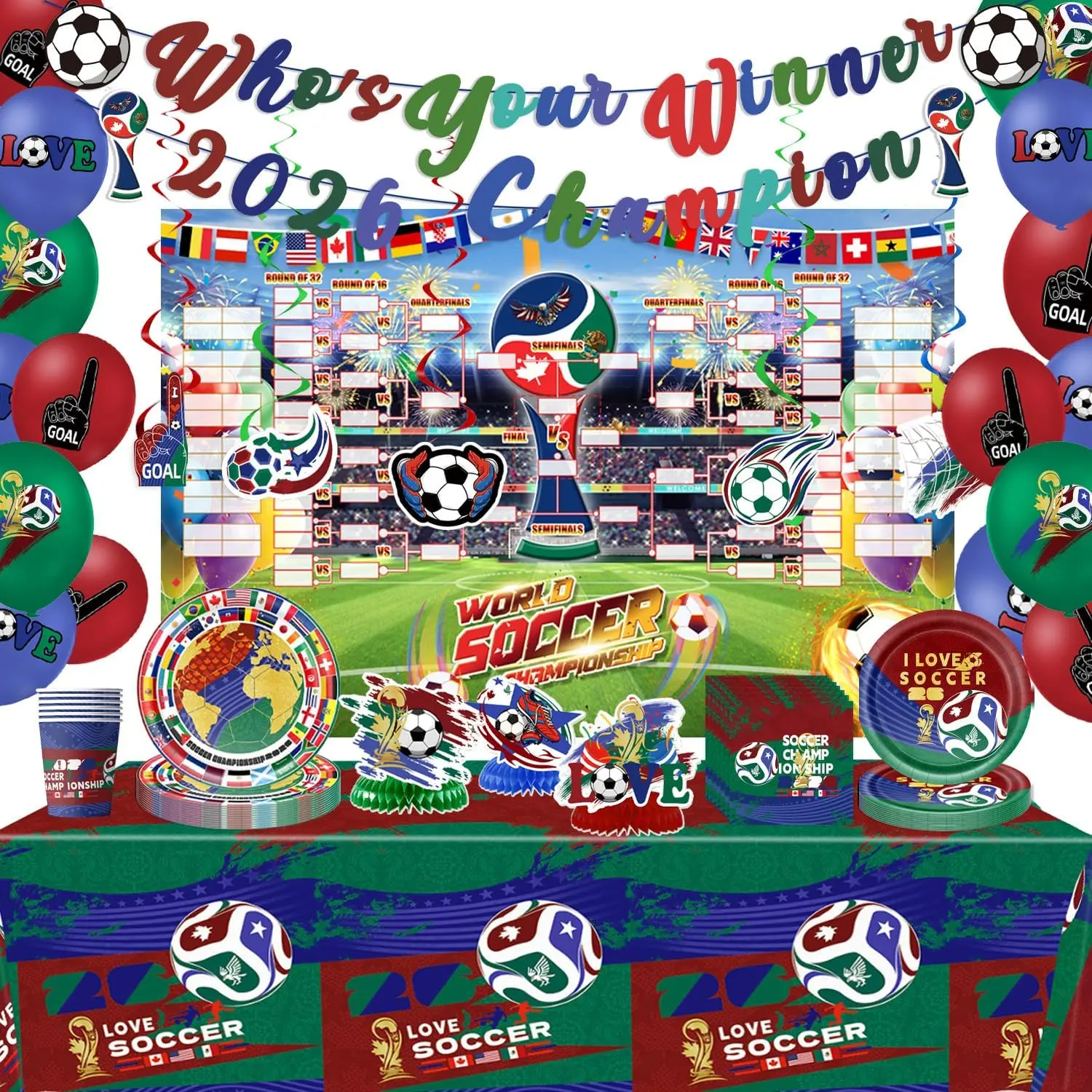 Soccer Party Supplies Kit: Plates, Napkins, Cups, Banner, Balloons, Tablecloth,  Swirls & Tournament Record Poster for  Soccer Theme Decorations, Serve 10