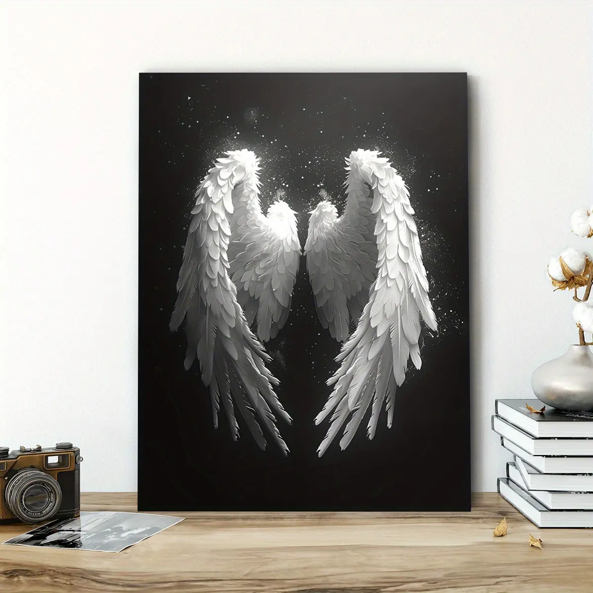 1 piece white angel wings canvas painting - Decorative art modern minimalist ink art painting, pine wood frame, waterproof wall decoration, suitable for home office, living room, bedroom and outdoor spaces - Stylish and elegant wall decoration
