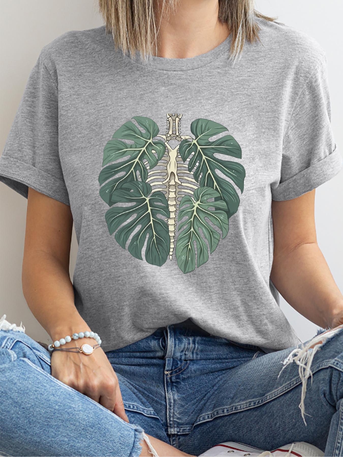 Women's Leaf Print Round Neck Graphic Tee, Vintage Trendy Bohemian Chic Casual Drop Shoulder Short Sleeve T-shirt for Daily Wear, Ladies Summer Clothes, Streetwear Tshirt, Tops