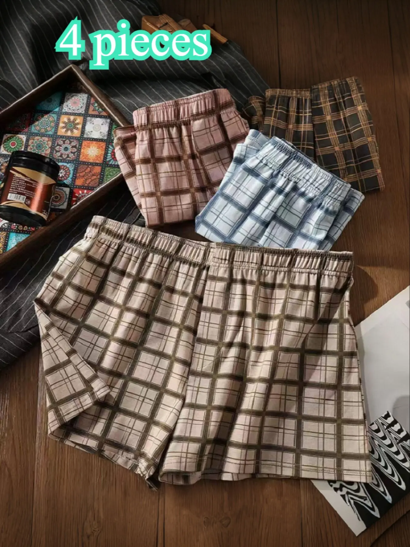 Men's Loose Fit Boxers, Classic Retro Tartan Pattern, Soft Moisture-Wicking, Comfortable Home Wear, 4-Pack Trunks for All Seasons