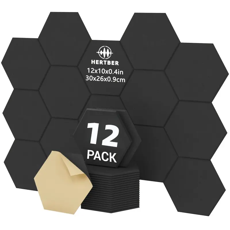 HERTBER 12Pcs Self-Adhesive Hexagonal Acoustic Panels for Interior Walls 30×26×0.9cm High Density Sound Absorbing DIY Wall Panels for Recording Studio Music Room Home Office Decor