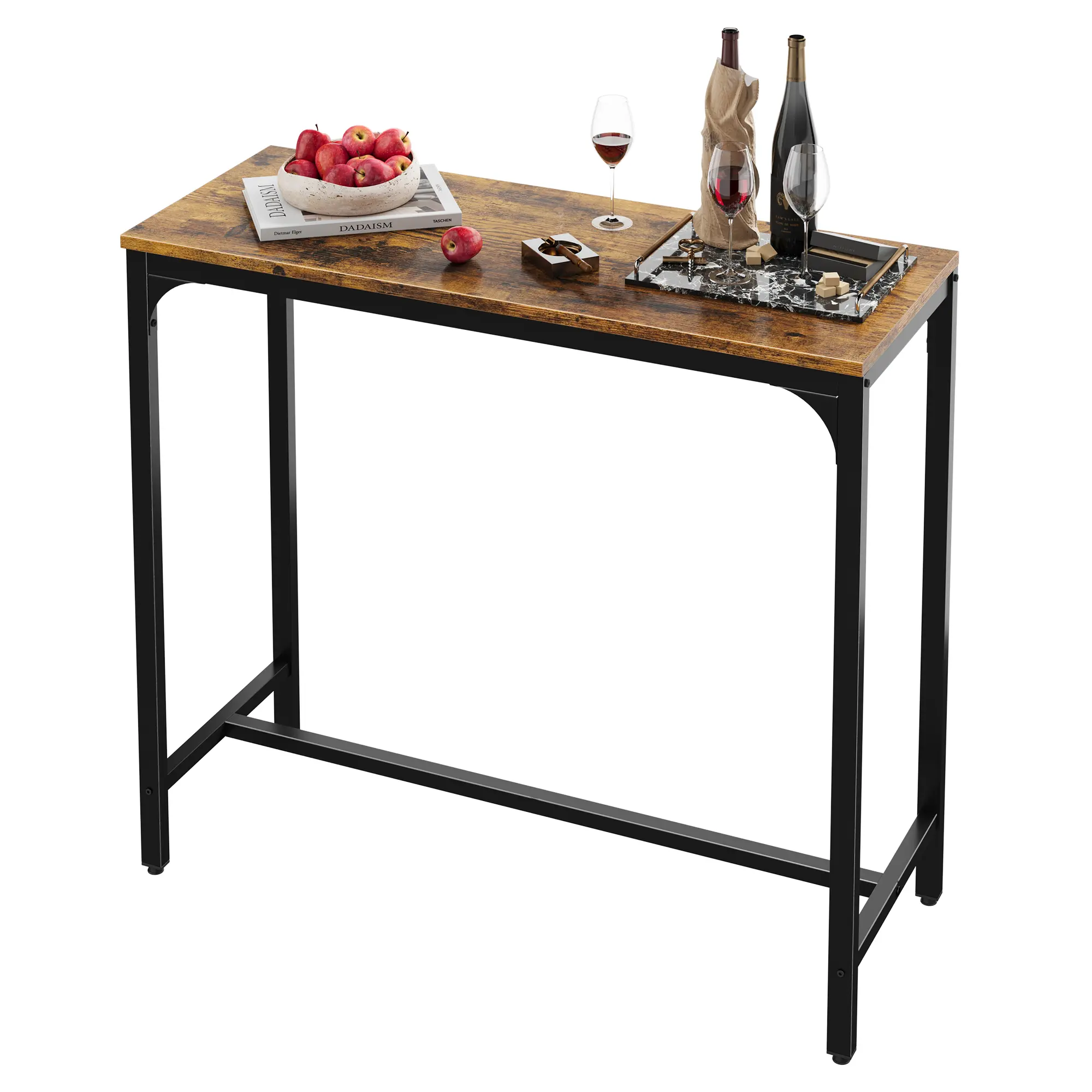 42.5" High Top Rectangular Bar Table, Narrow Kitchen Island Pub Table with Sturdy Metal Frame, Rustic Brown Industrial Table for Home Bar