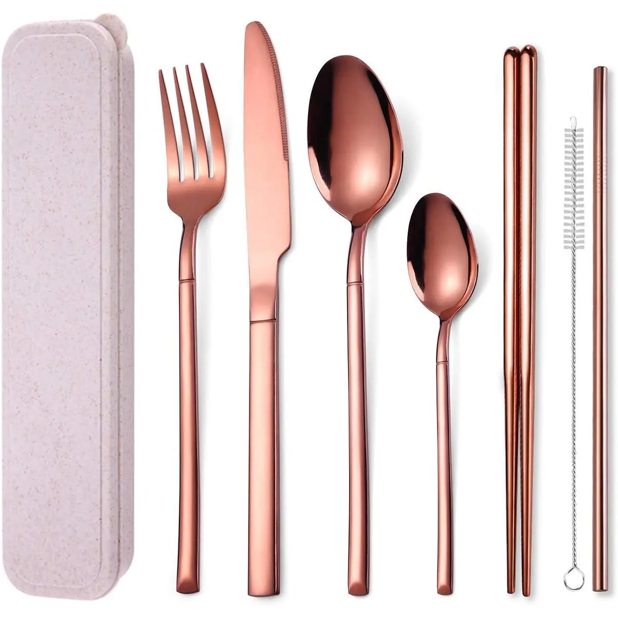 7 count Stainless Steel Flatware Set Portable  Cutlery Set Travel Utensils Set Including Chopsticks  Fork Spoon Straws Cleaning Brush Dishwasher Safe (Rose golden)