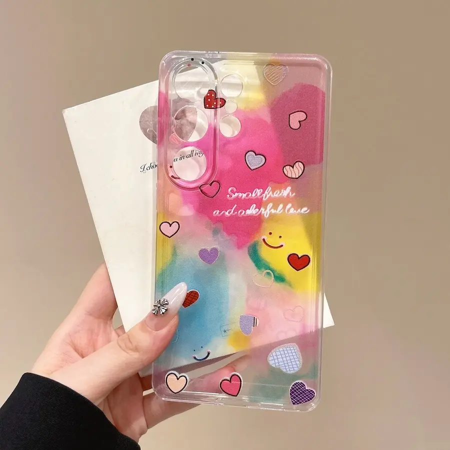 For Samsung S26 S25 S23 S24 S21 FE S22 Note 20 Ultra 10 Plus 5G Gradient Rainbow Smile Transparent Pattern Phone Case Cover