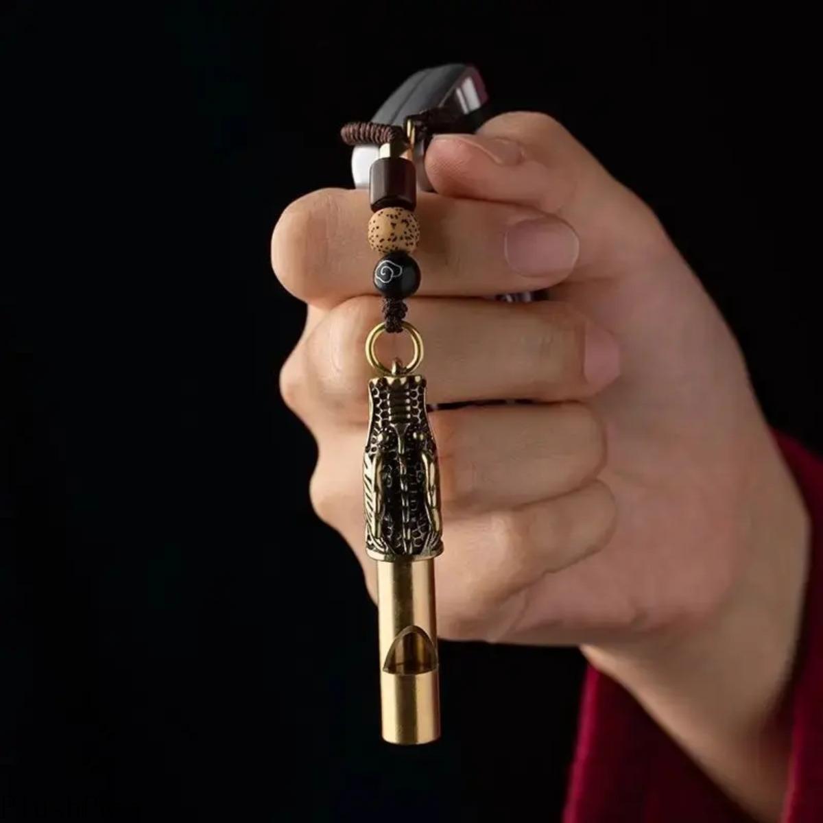 Durable Brass Outdoor Survival Whistle | Compact Design with Built-in String, Traditional Chinese Cultural Motif, Ideal for Keychain, Lanyard, Emergency Signaling, Car Keys, House Keys, Decorative Pendant Use