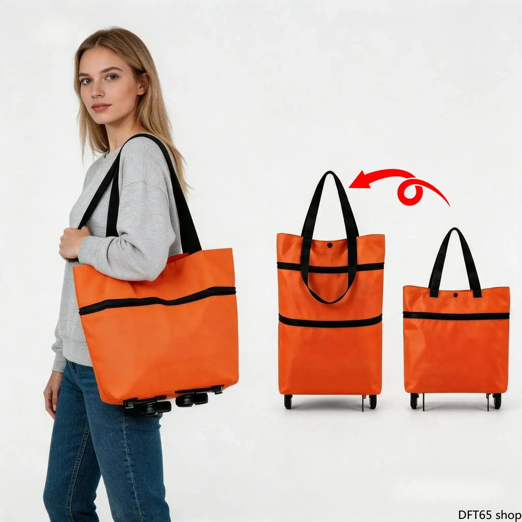 Large Foldable Wheeled Shopping Tote Waterproof Durable Fabric Reusable Eco Friendly Structure Built-In Rolling Wheels Large Storage Capacity For Grocery Shopping Camping Travel Daily Errands Portable Carry Storage Bag