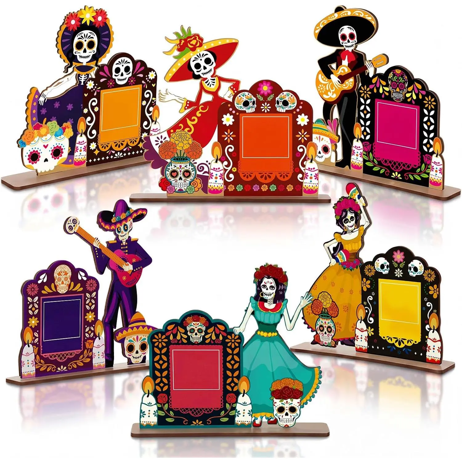 6 Set Dia De Los Muertos Decorations Picture Frames, Day of the   Ofrenda Wooden Frames with Skull, Candle, Marigold, Mexican Fiesta Skull Tabletop Display Decor for Halloween Party