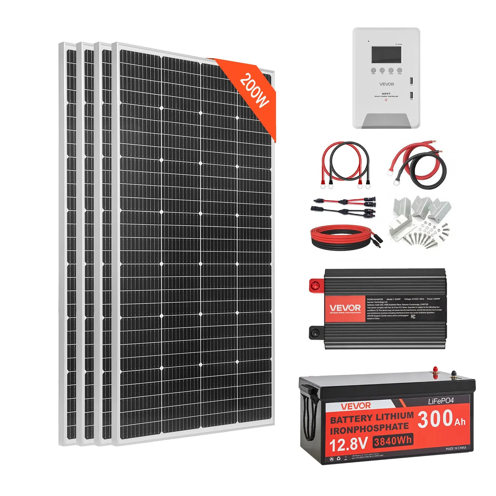 VEVOR 800W 12V Complete Solar Power Kit, 4*200W Monocrystalline Solar Panels+ 12.8V 300Ah LiFePO Battery+ 60A MPPT Charge Controller+ 2000W Power Inverter for Home, Small Farm, Cabin, Off-Grid
