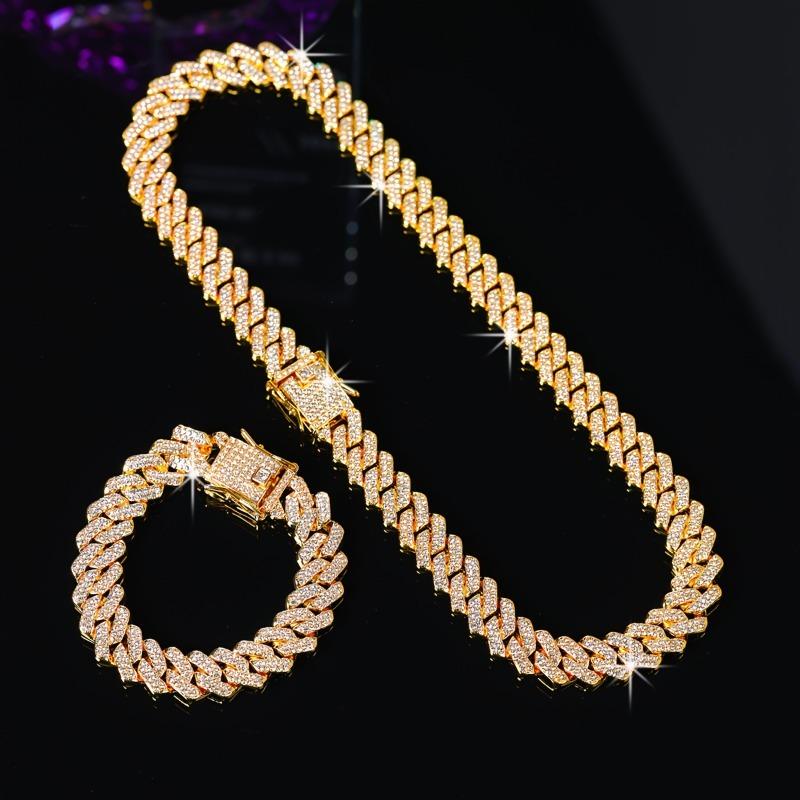 Men Hip Hop Necklace Iced Out Cuban Link Chain Bling Diamond Necklace Gold Tone Miami Cuban Chain Full Rhinestone HipHop Jewelry Rapper Accessories Streetwear Chains for Men