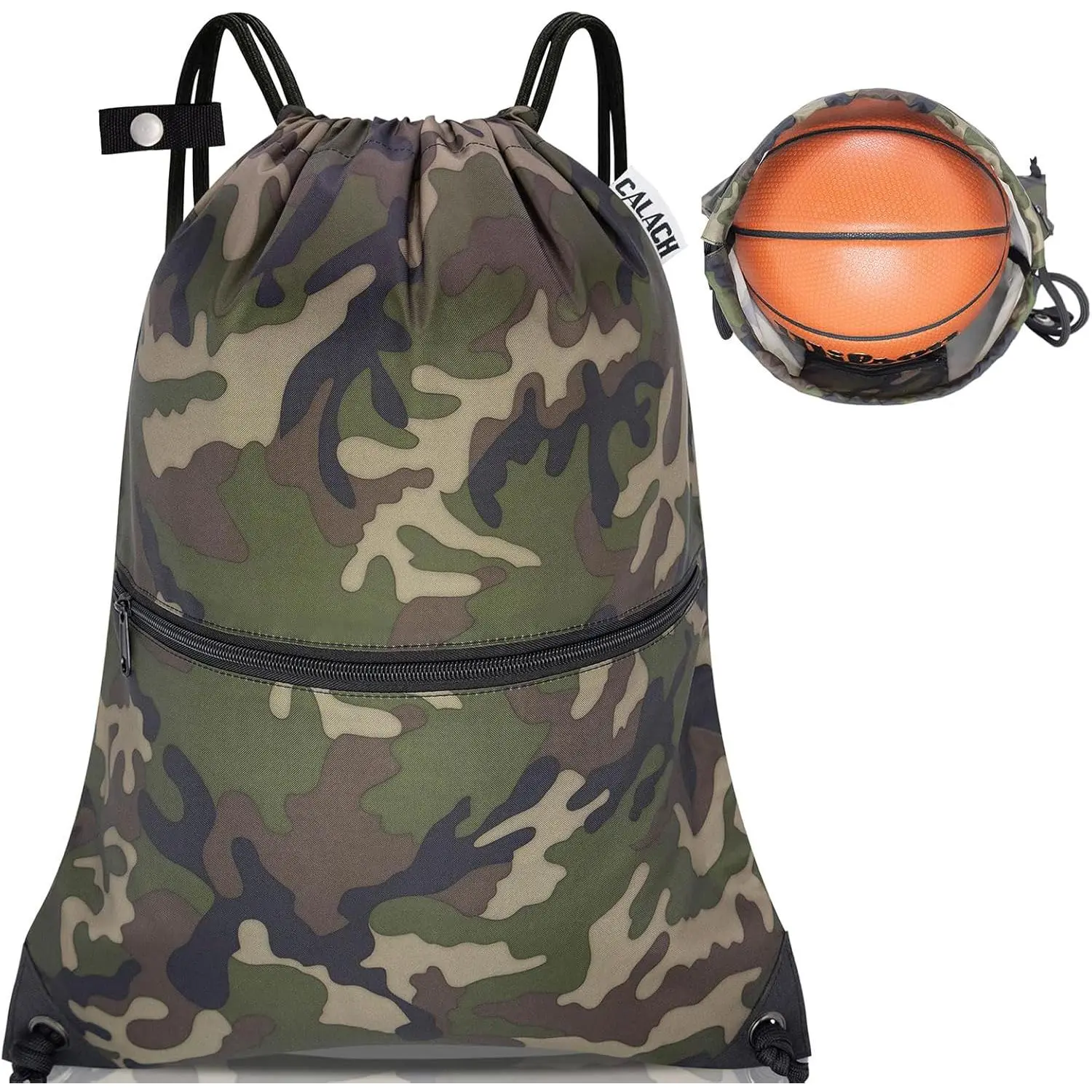 Water-Resistant Unisex Camo Polyester Drawstring Backpack - Large Gym Bag with Easy-Access Drawcord, Front & Inside Zipper Pockets, Recyclable, Reduces Shoulder Strain for Dance, Camping
