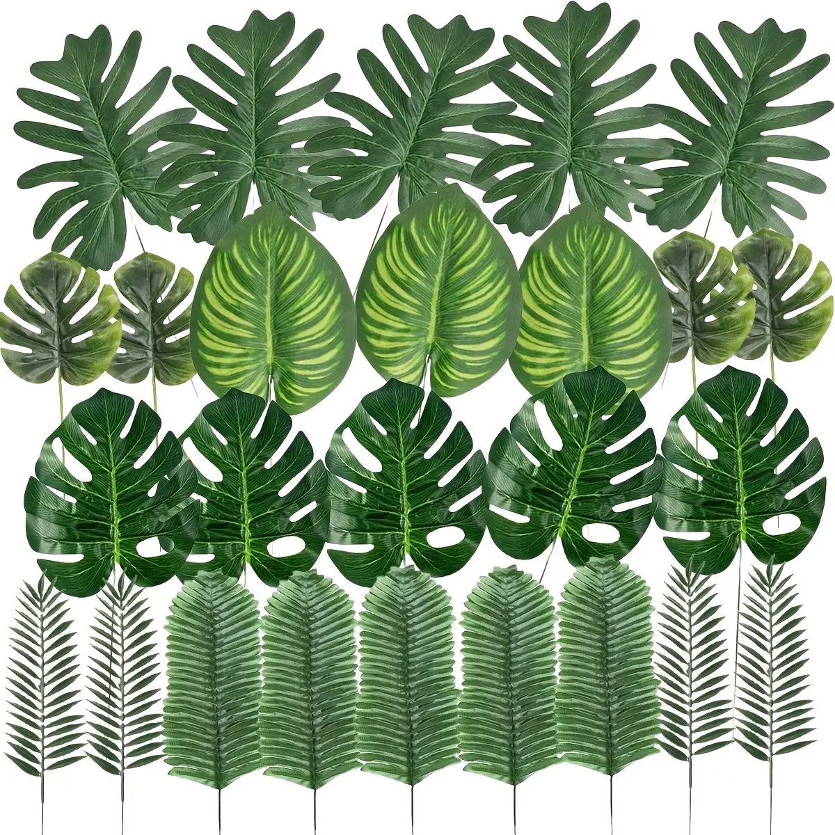 A set of 45 artificial palm leaves, with 6 different styles. Perfect for decorating the tables of Safari, jungle, Hawaiian or dinosaur-themed parties Fake Plastic Leaves