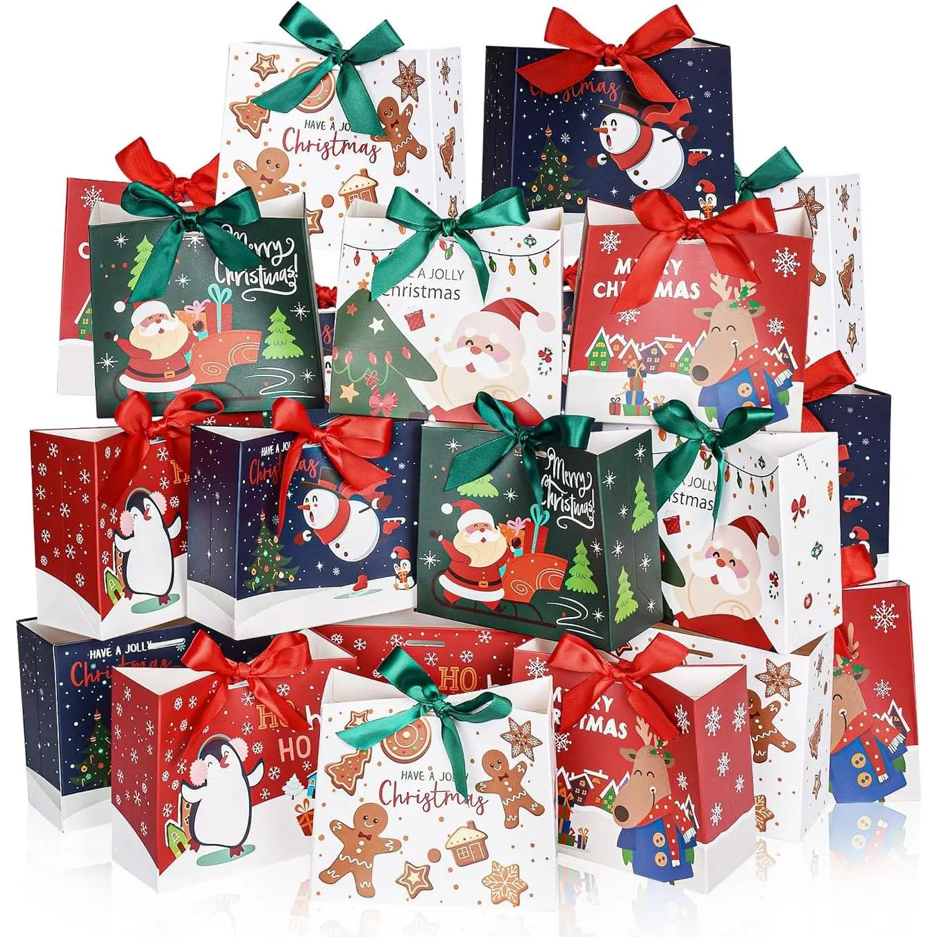 24 Pack Small Christmas  Bags,6 Designs Mini  Bags,5.1 * 5.9 * 2.8 Inch Xmas Bags with Ribbon, Holiday Bags for Gifts,Candy, , Eve, Party Favor