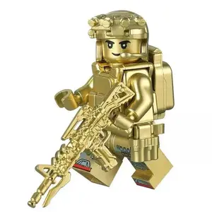 Golden Tone Heavy Gear Tactical Brick Minifigures, Compatible Universal Interlock Bricks With Full Tactical Decor Attachments, Educational DIY Assembly Collectible Character Display Set
