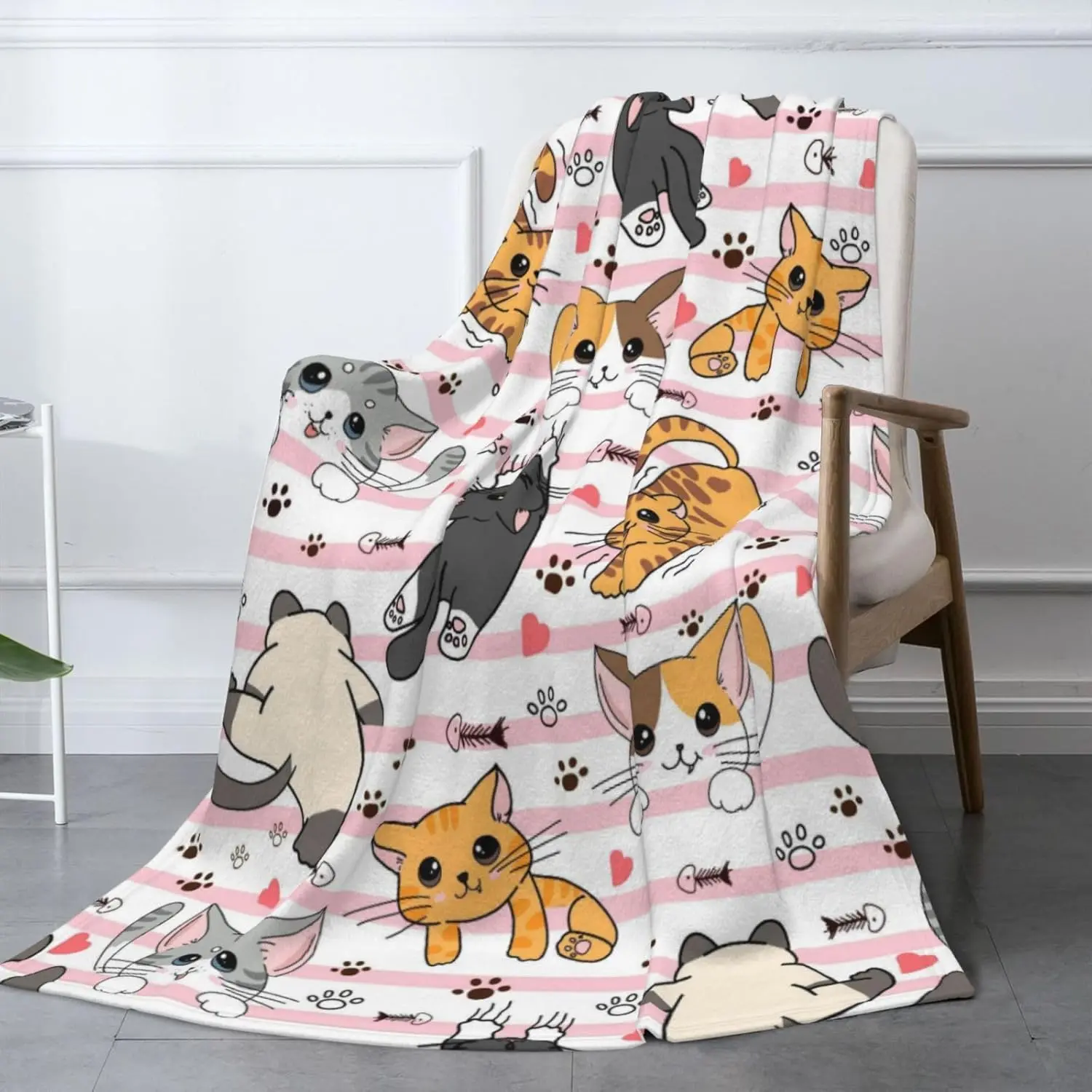 Cute Cat Printed Flannel Blanket, Soft Fluffy Lightweight Warm Throw Blanket for Bed Sofa, All Ages Gift Blanket 4size Home Kitchen Decor
